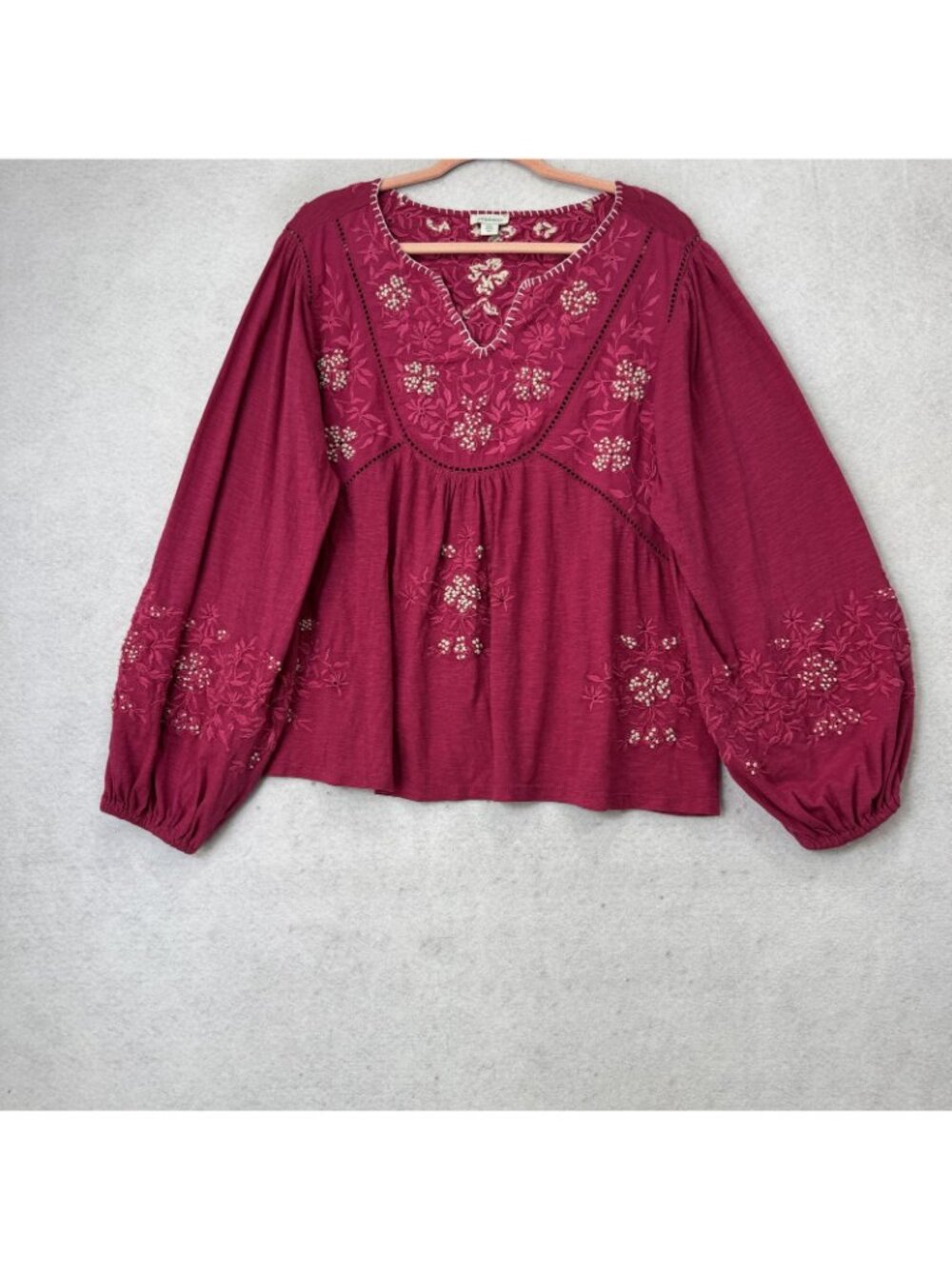 Sundance Blouse Womens XXL Red Embroidered V Neck Balloon Sleeve Tunic Top - Picture 2 of 8